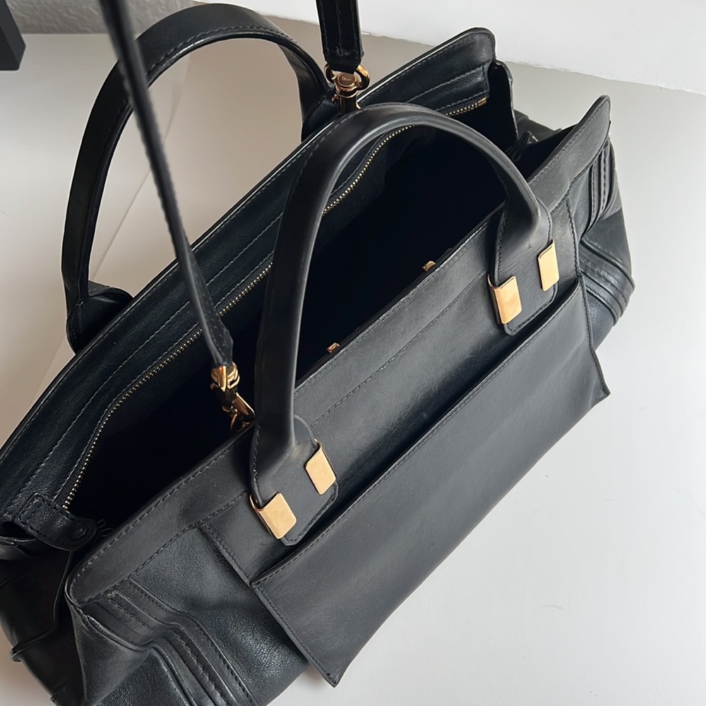 Chloe Alice two-way bag, black leather shoulder bag/ satchel with strap- medium